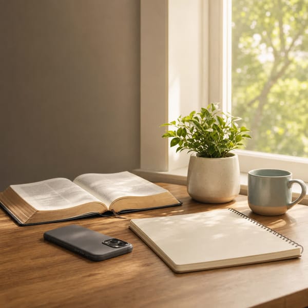 A phone resting face down beside an open Bible and a small plant in soft morning light