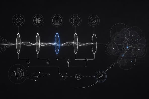 Anonymous mental-health AI conversation nodes flowing into a privacy-aware clinical measurement grid