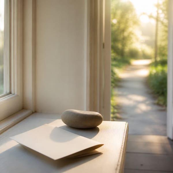 A small stone beside an open path in soft morning light