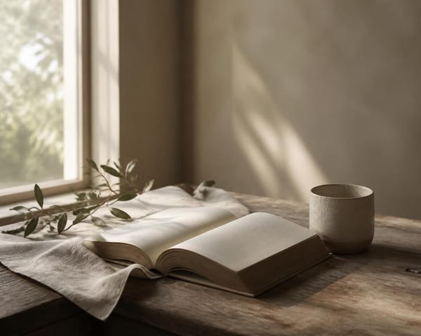 晨光中的圣经、茶杯与安静的布料