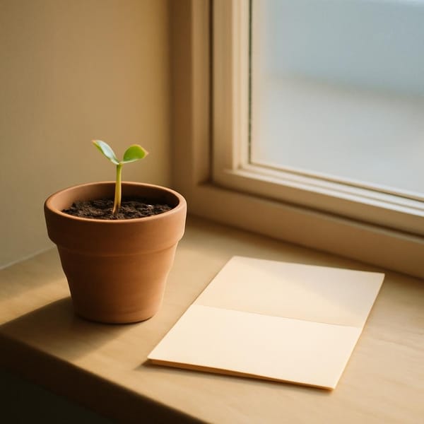 A fresh green shoot beside a blank page in soft morning light