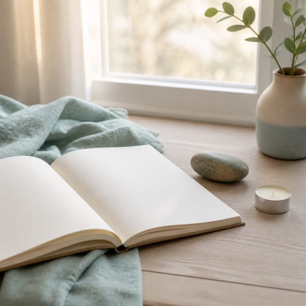 An open blank journal, smooth stone, and unlit tea light in soft morning window light