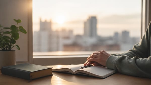 A young adult quietly journaling beside a Bible as morning light enters a city apartment