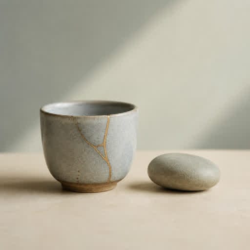 A smooth stone resting inside a shallow ceramic dish in soft window light