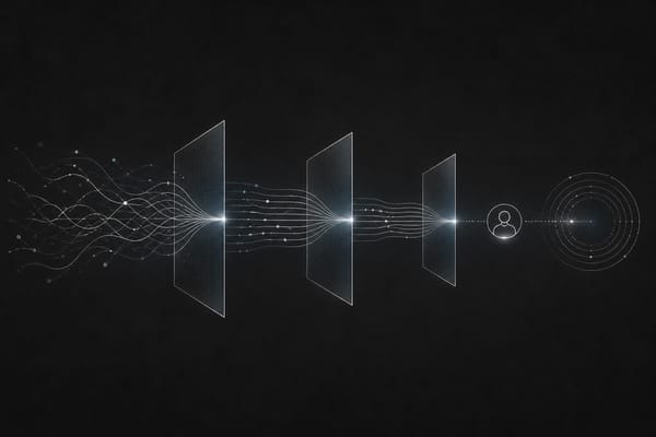 Abstract mental-health AI workflow moving through graduated safety gates toward human review