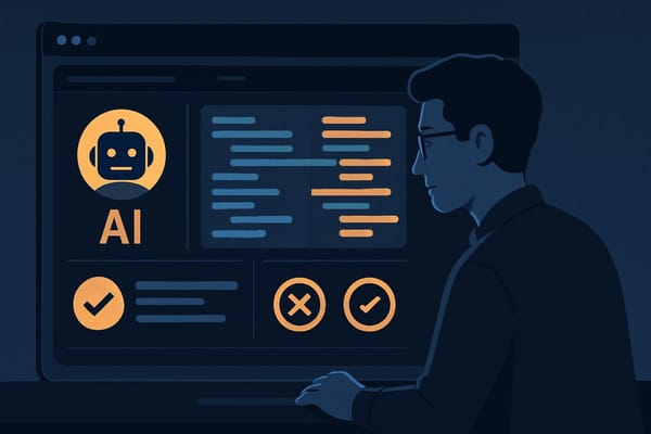 A software engineer reviewing an AI coding agent's code changes, tests, and approval gates