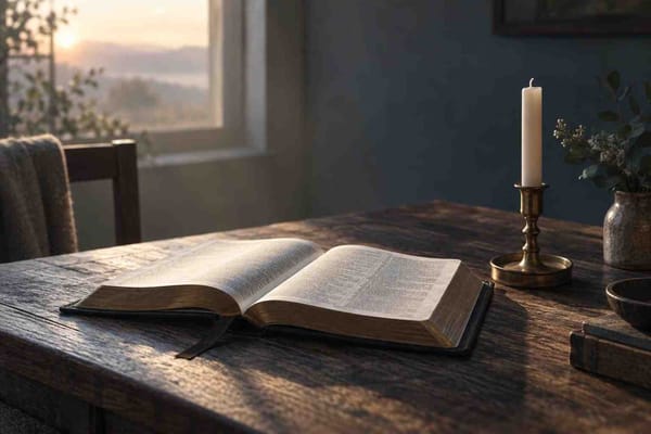 An open Bible, blank notebook, and smooth stone on a softly lit desk