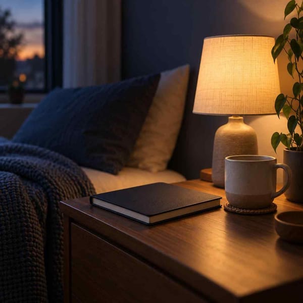 A warm lamp beside a closed journal and ceramic mug on a quiet bedside table