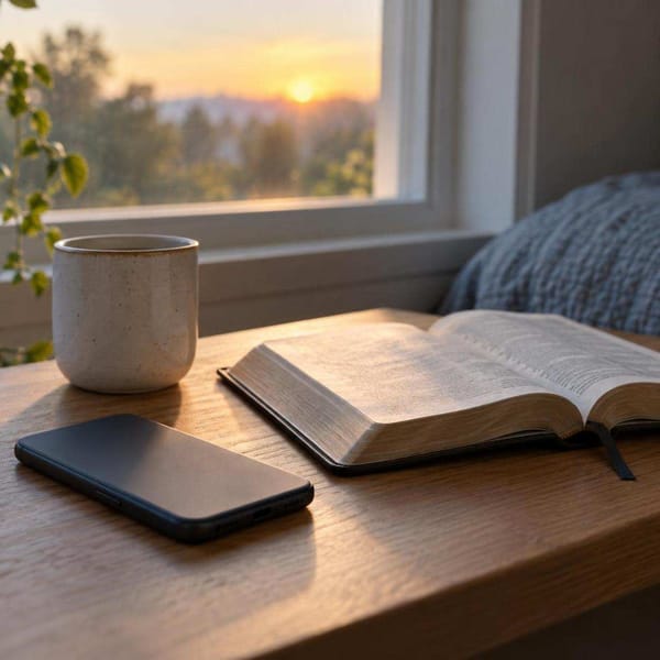 A smooth stone beside a closed journal and a glass of water in soft morning light