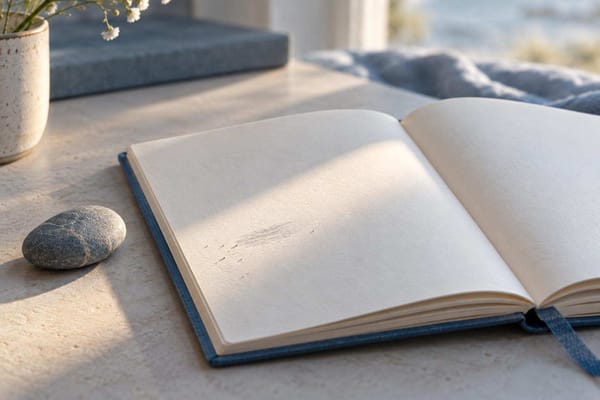 An open journal with a small erased pencil mark in warm morning light