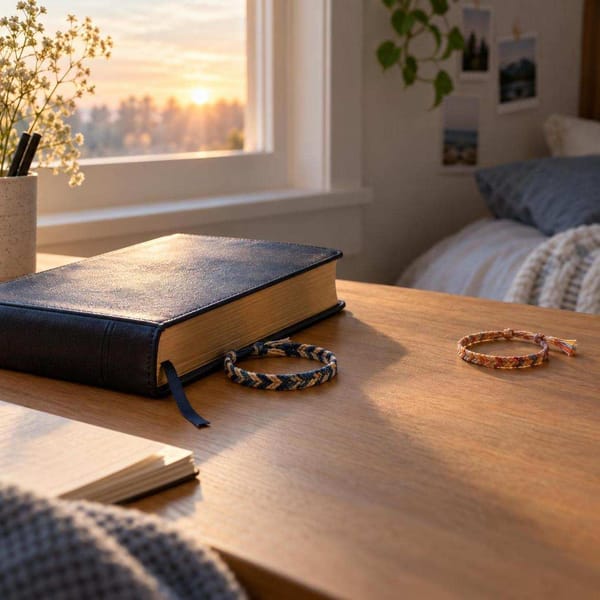 A small stone and green sprout beside a closed notebook in morning light