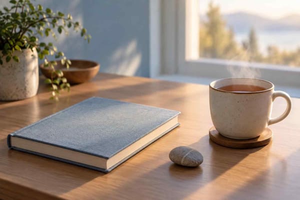 A journal, smooth stone, and warm tea in soft morning light