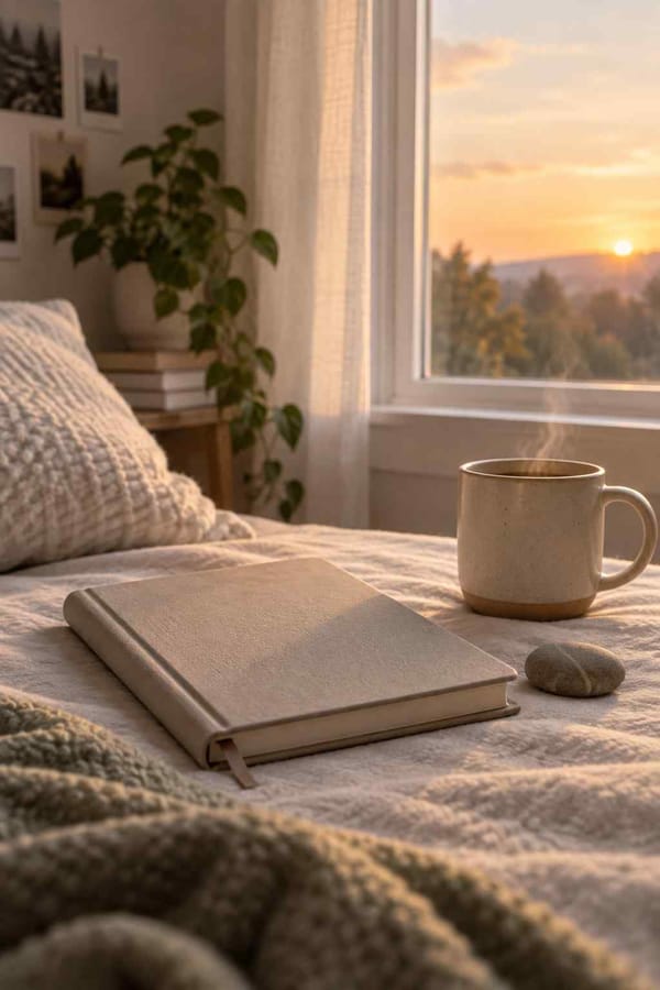 An empty chair beside a quiet window with an open Bible in warm morning light