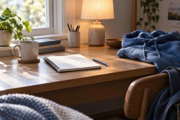 A quiet school desk with a notebook and warm morning light