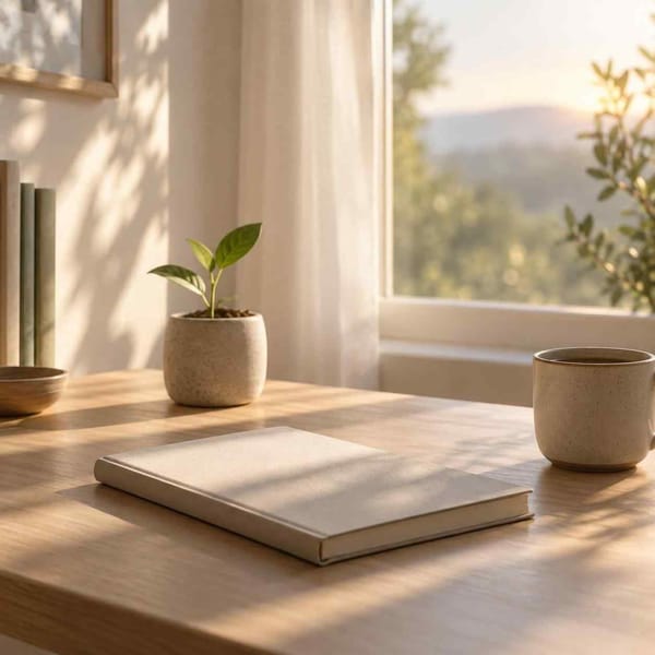 A quiet sunlit desk with an unopened notebook and a small green sprout