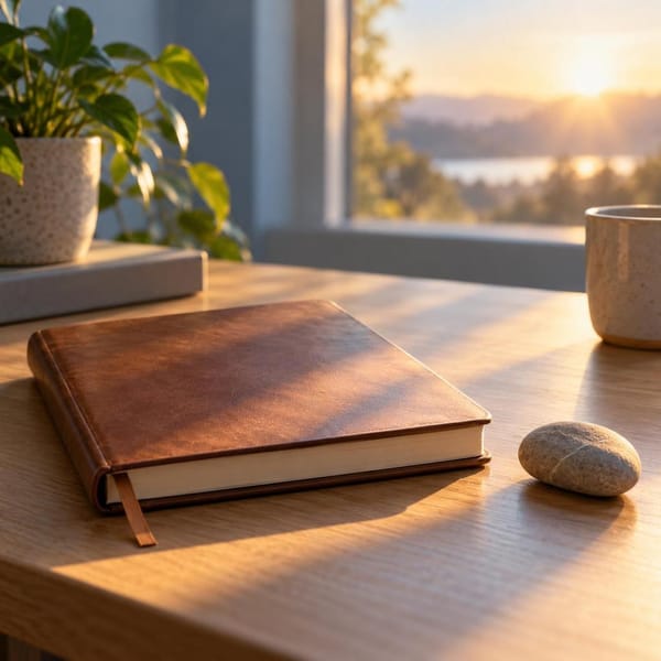 A quiet journal and smooth stone in warm morning light