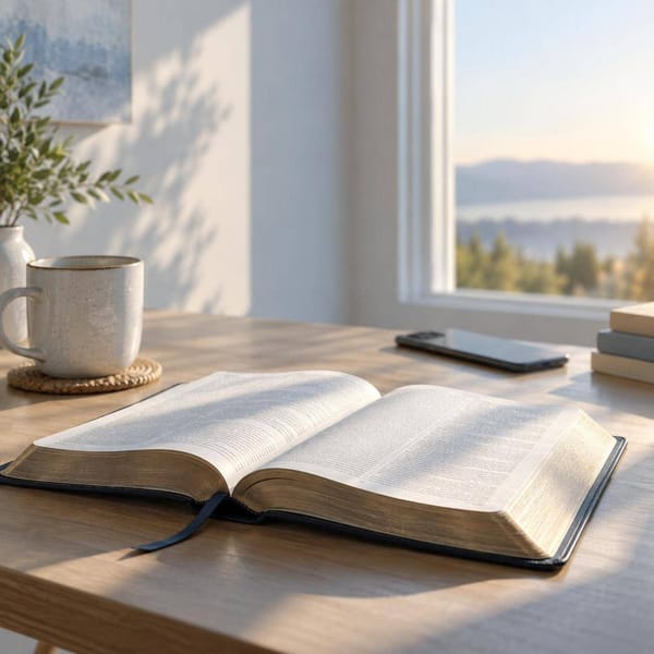 An early morning desk with a Bible and notebook in soft autumn light