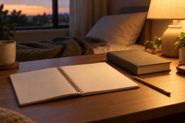 School notebook beside a closed Bible and warm bedside lamp