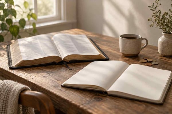 An open Bible, blank notebook, cup, and coins in soft morning light