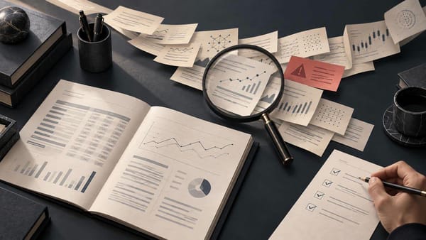 Editorial illustration of evidence cards splitting into two portfolio decision drafts around an anchor