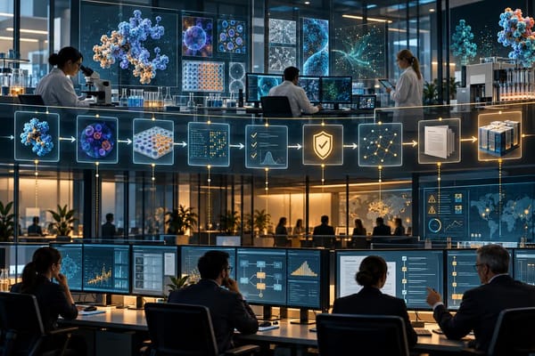 An external evaluator entering a glass AI control room with measurement instruments